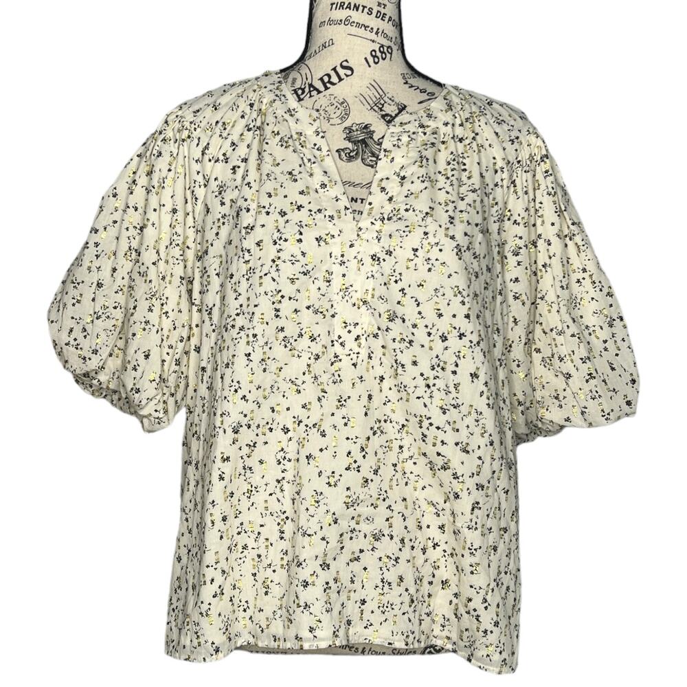 Vince Camuto (S) Cream Floral Print Puffy Elastic Sleeve Split Neck Blouse